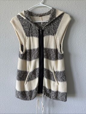 Free People Striped Hooded Knit Vest in Cream and Gray Marled